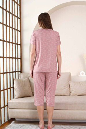 Kadın Gül Kurusu V Yaka Dantel Detay Viskon 3 Düğmeli Kısa Kol Yazlık Kapri Pijama Takımı 