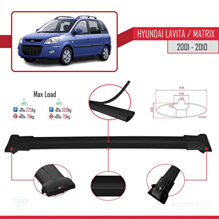 Hyundai Matrix (FC) 2001-2010 Arası ile Uyumlu FLY Model Ara Atkı Tavan Barı Siyah 3 Adet