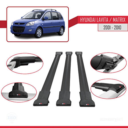 Hyundai Matrix (FC) 2001-2010 Arası ile Uyumlu FLY Model Ara Atkı Tavan Barı Siyah 3 Adet