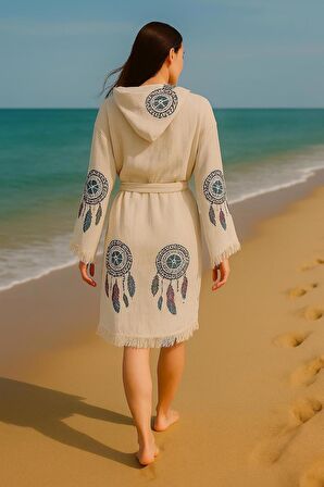 Renkli Baskılı Pamuk Müslin Kapüşonlu Bornoz Kimono