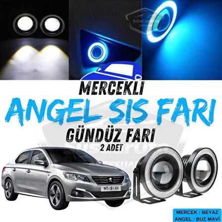 Peugeot 301 2012-2021 Uyumlu Üniversal Mercekli Angel Sis Farı Metal Su Geçirmez 76 mm Buz Mavi Halkalı Gündüz Farı Angel Eyes 2 Adet