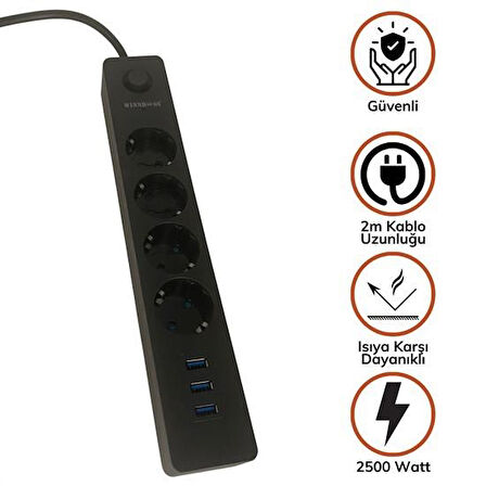 CT-STONES® Termak Akım Korumalı 4 Priz 3 USB Girişli Uzatma Kablosu Güç&Şarj