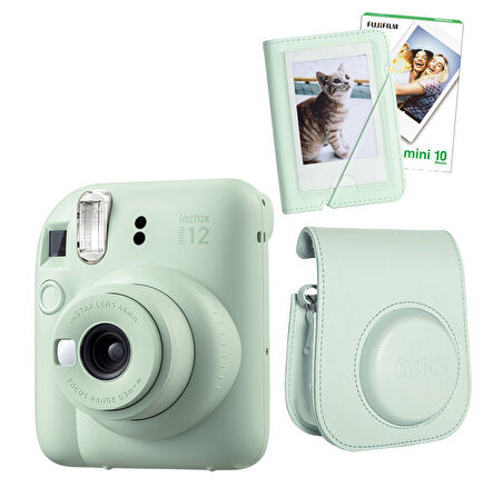 Fujifilm Instax Mini 12 Yeşil Fotoğraf Makinesi 10'lu Film Mini Albüm ve Deri Kılıf Seti