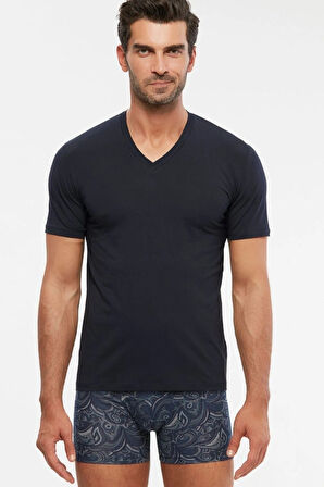 Erkek Lacivert Penye Modal Kısa Kol V-yaka T-shirt 2 Li