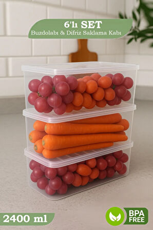 6'lı Buzdolabı Düzenleyici Organizer - Difriz ve Mikrodalga Uyumlu Saklama Kabı Seti 6x2400 ml