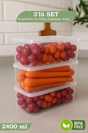 3'lü Buzdolabı Düzenleyici Organizer - Difriz ve Mikrodalga Uyumlu Saklama Kabı Seti 3x2400 ml