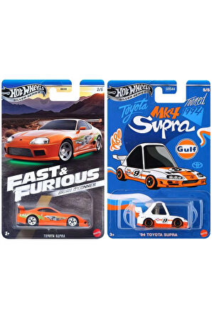 2 Araç Toyota Supra Set - Brian O'conner Toyota Supra - Turuncu & 94 Toyota Supra Gulf Tooned (1/64)