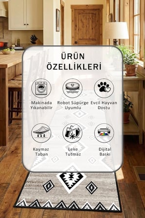 Kontra Siyah Mutfak Halısı Yıkanabilir Kaymaz Leke Tutmaz Dijital Baskı