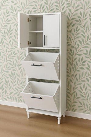 Kirli Sepetli 3 Kapaklı 2 Raflı Çok Amaçlı Ahşap Banyo Dolabı, Banyo Düzenleyici Çamaşır Sepeti