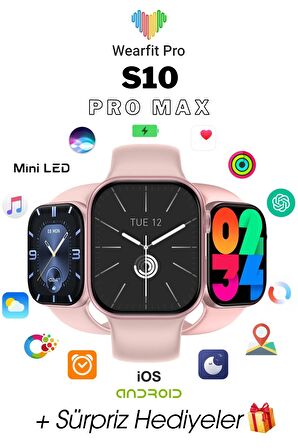 WEARFİT S10 PRO MAX 7 KORDONLU  Akıllı Kol Saati Smart Watch MİNİLED Ekran (ROSE GOLD) 45mm