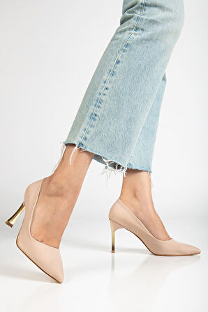 Kadın Bej Saten Sivri Burun İnce Topuklu Stiletto  