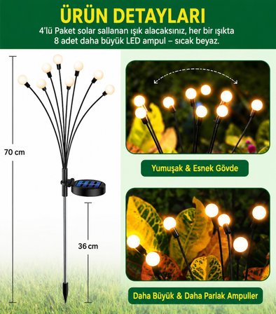2'li Güneş Enerjili 70 cm Firefly Bahçe Lambası 8 LED Aydınlatma Dekoratif Solar Dış Mekan Balkon Yürüyüş Yolu