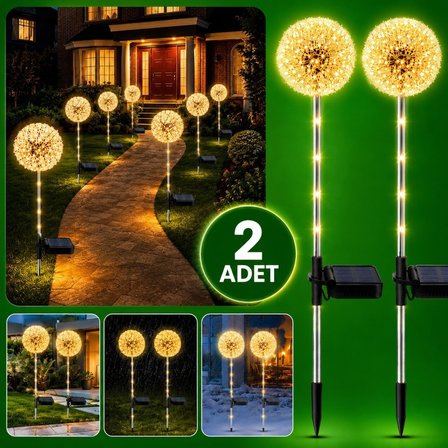 2'li Güneş Enerjili Karahindiba Bahçe Lambası Solar LED Dekoratif Dış Mekan Aydınlatma Sıcak Beyaz