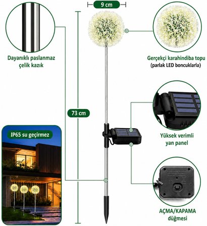 2'li Güneş Enerjili Karahindiba Bahçe Lambası Solar LED Dekoratif Dış Mekan Aydınlatma Sıcak Beyaz