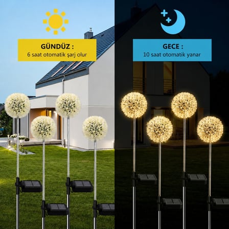 2'li Güneş Enerjili Karahindiba Bahçe Lambası Solar LED Dekoratif Dış Mekan Aydınlatma Sıcak Beyaz