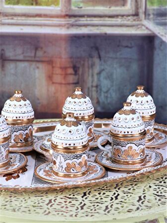Morya Bakır Kahve Takımı İçi Kalay Kaplamalı Mineli