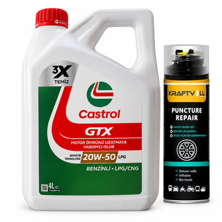 CASTROL GTX MOTOR YAĞI 20W-50 LPG 4 Litre + Lastik Tamir Kiti 400 ml
