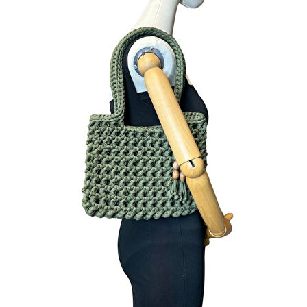 Uretti - Emine 9106 El Örgüsü Ahşap Boncuk Detaylı Penye Kumaş Omuz Çantası - 27 x 21