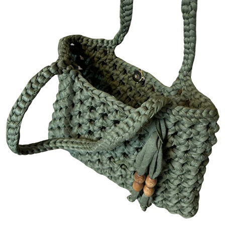 Uretti - Emine 9106 El Örgüsü Ahşap Boncuk Detaylı Penye Kumaş Omuz Çantası - 27 x 21