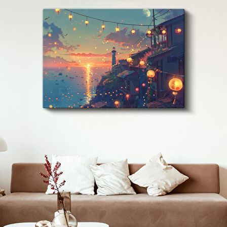 Deniz Feneri - Turuncu Günbatımı Anime Kanvas Tablo