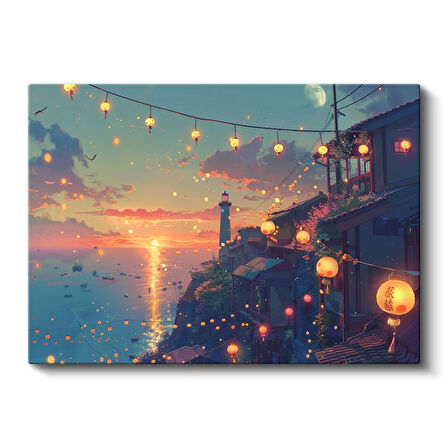 Deniz Feneri - Turuncu Günbatımı Anime Kanvas Tablo