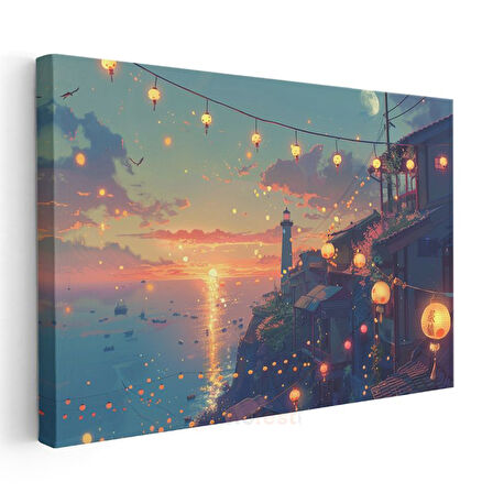 Deniz Feneri - Turuncu Günbatımı Anime Kanvas Tablo