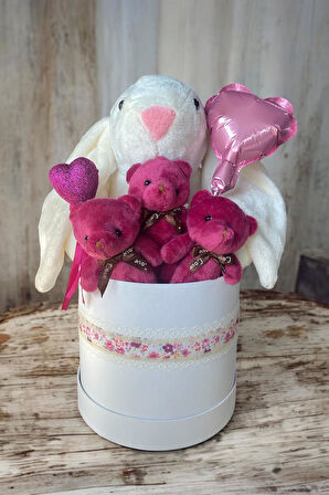 SOLE Premium Peluş Ayıcık ve 45cm Tavşan Buketi – Kalpli Sürpriz Kutusu Sevgiliye Özel