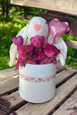 SOLE Premium Peluş Ayıcık ve 45cm Tavşan Buketi – Kalpli Sürpriz Kutusu Sevgiliye Özel