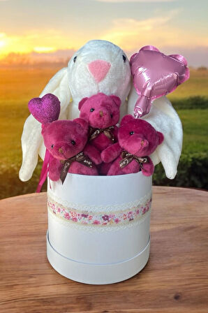 SOLE Premium Peluş Ayıcık ve 45cm Tavşan Buketi – Kalpli Sürpriz Kutusu Sevgiliye Özel