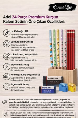 24 Parça Premium Kurşun Kalem Seti + Silgi + Kalemtıraş – 2B Çizim Ve Yazı Kalemi Seti