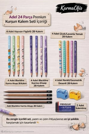 24 Parça Premium Kurşun Kalem Seti + Silgi + Kalemtıraş – 2B Çizim Ve Yazı Kalemi Seti