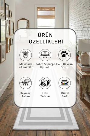 Çerçeve Gri Beyaz Yıkanabilir Yolluk Halı Kaymaz Taban Salon Mutfak Beyaz Gri