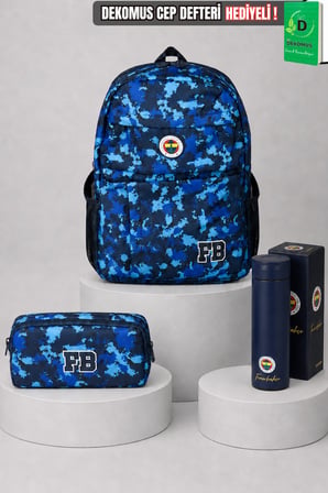 x Dekomus Lisanslı Fenerbahçe Kamuflaj Büyük Boy Lise Okul Çantası,Kalem Çantası ve 500 ML Çelik Termos Seti