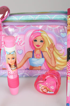 x Dekomus Lisanslı Barbie Deniz Kızı Collection Kalem Çantası,Parlak Geçmeli Kalem,Roket Silgi,Kalpli Kalemtraş ve Kurşun Kalem Seti