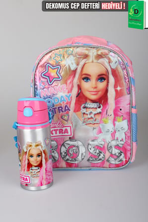 x Dekomus Lisanslı Barbie Extra Glam Collection Tek Bölmeli Küçük Boy 35 Cm Anaokul Çantası ve 500 ML Matara Seti