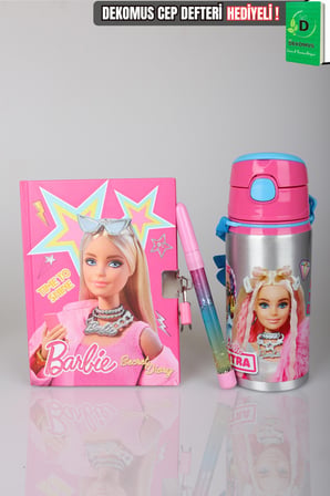 x Dekomus Lisanslı Barbie Hatıra Defteri,Simli Kalem ve 500 ML Matara Seti