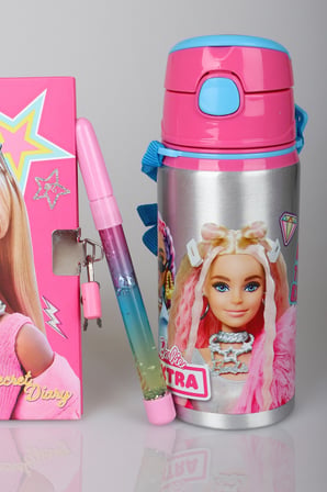x Dekomus Lisanslı Barbie Hatıra Defteri,Simli Kalem ve 500 ML Matara Seti