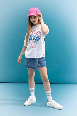 DeFacto Kız Çocuk Oversize Fit Bisiklet Yaka 3D Baskılı Kısa Kollu Tişört C5462A824SMWT34