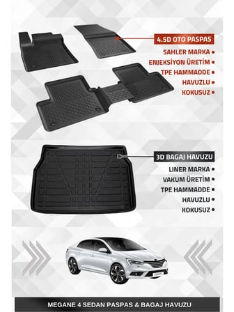 Sahler Renault Megane 4 Sedan 2016+ Uyumlu 4.5D Premium Havuzlu Oto Paspas Ve Liner Marka 3D Kulaklı Bagaj Havuzu
