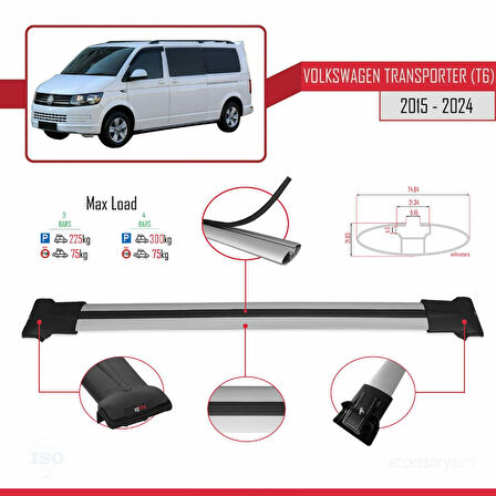 Volkswagen T6 Transporter 2015-2024 Arası ile Uyumlu FLY Model Ara Atkı Tavan Barı Gri 3 Adet