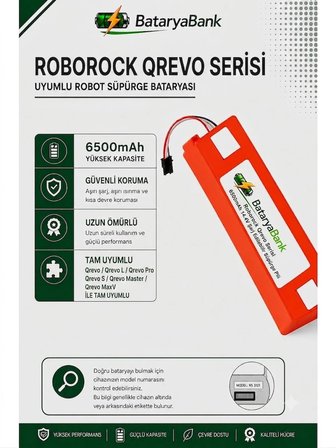 BataryaBank Roborock Qrevo / Qrevo L / Qrevo Pro / Qrevo S / Qrevo Master / Qrevo MaxV Uyumlu Robot Süpürge Bataryası 14.4V 6500mAh Li-ion Yüksek Kapasiteli Pil
