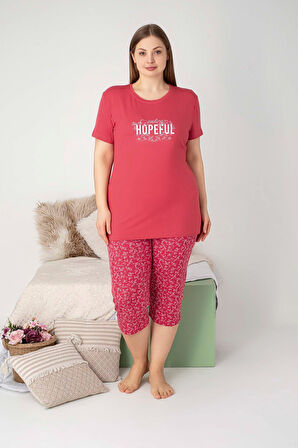 Kadın Bisiklet Yaka Düğmesiz Battal Kesim Viskon Kısa Kol Kapri Cepli Büyük Beden Pijama Takımı