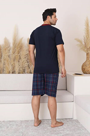 Erkek V Yaka Düğmesiz Ekose Desen Kısa Kol Cepli Şortlu %100 Pamuk Pijama Takımı