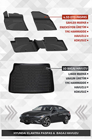 Sahler Hyundai Elantra 2021+ Uyumlu 4.5D Premium Havuzlu Oto Paspas ve Liner Marka 3D Bagaj Havuzu