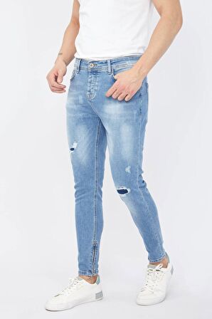 Erkek Skinny Fermuarlı Paça Detaylı Jean Açık Mavi