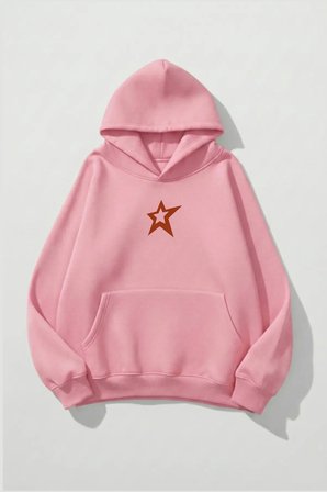Unisex Yumuşak Dokulu Kırmızı Yıldız Baskılı Tasarım Oversize 3 İplik Hoodie Sweatshirt