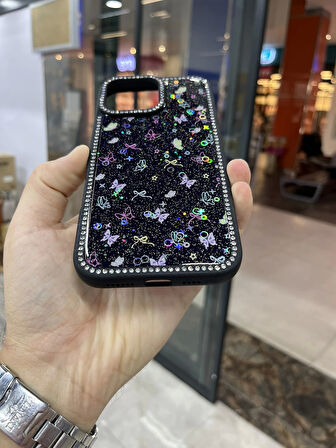 İPhone 15 Pro Kenarları Elmas Taşlı Kapak Premium Darbe Korumalı Kılıf