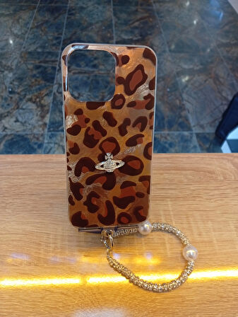 İPhone 15 Pro Max Uyumlu Leopar Tasarım Kılıf Taşlı Askılı Kapak Darbe Korumalı Hologram Kapak