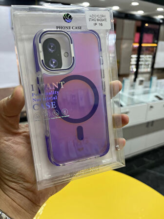 İPhone 16 Hologramlı Kamera Kısmı Açılabilir Standlı Premium Kapak