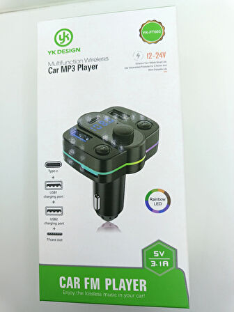 Araç Ledli Bluetooth Çakmaklık Müzik Çalar Şarj Çakmaklık 4 Gririşli Type-c Usb Usb Tfcard